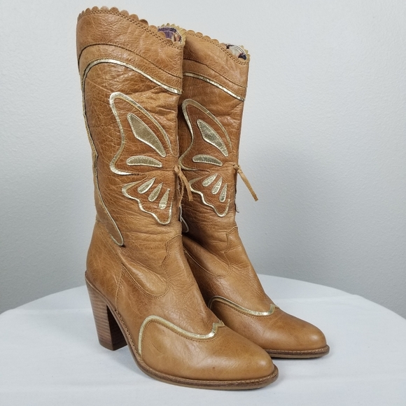 Vintage Shoes - AWOL 90s Y2K Barbie Bratz Butterfly Tan Leather Western Rockabilly Boots 7.5